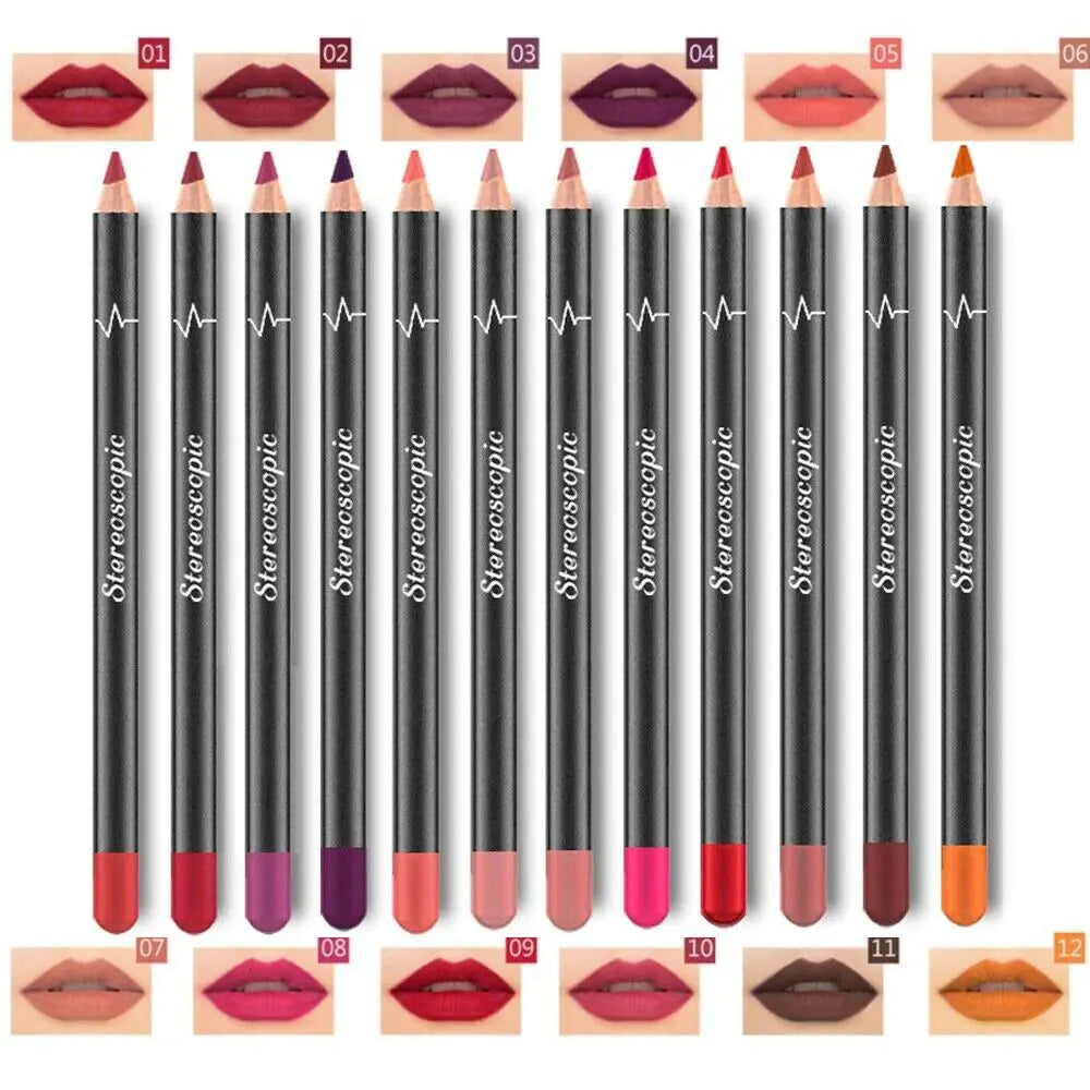 12-delige Waterdichte Lipstick Set voor Vrouwen – Langhoudende Matte Lipliner Potloden