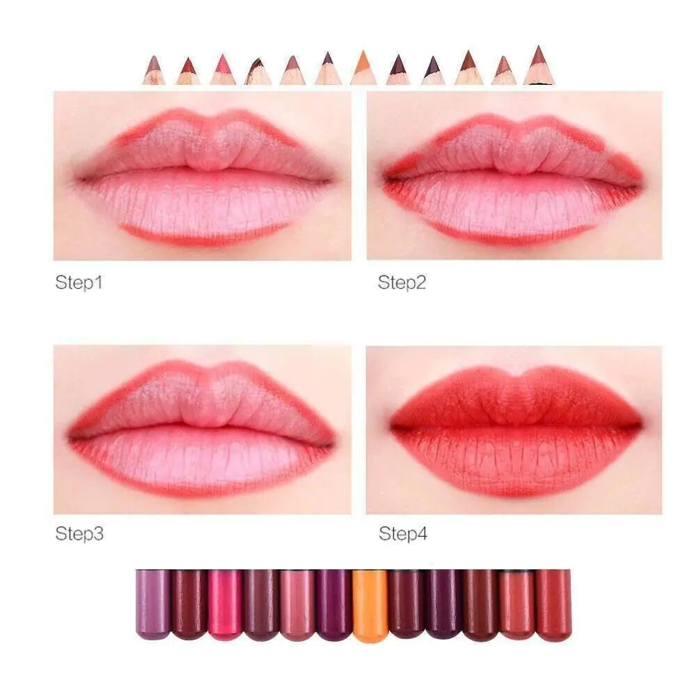 12-delige Waterdichte Lipstick Set voor Vrouwen – Langhoudende Matte Lipliner Potloden